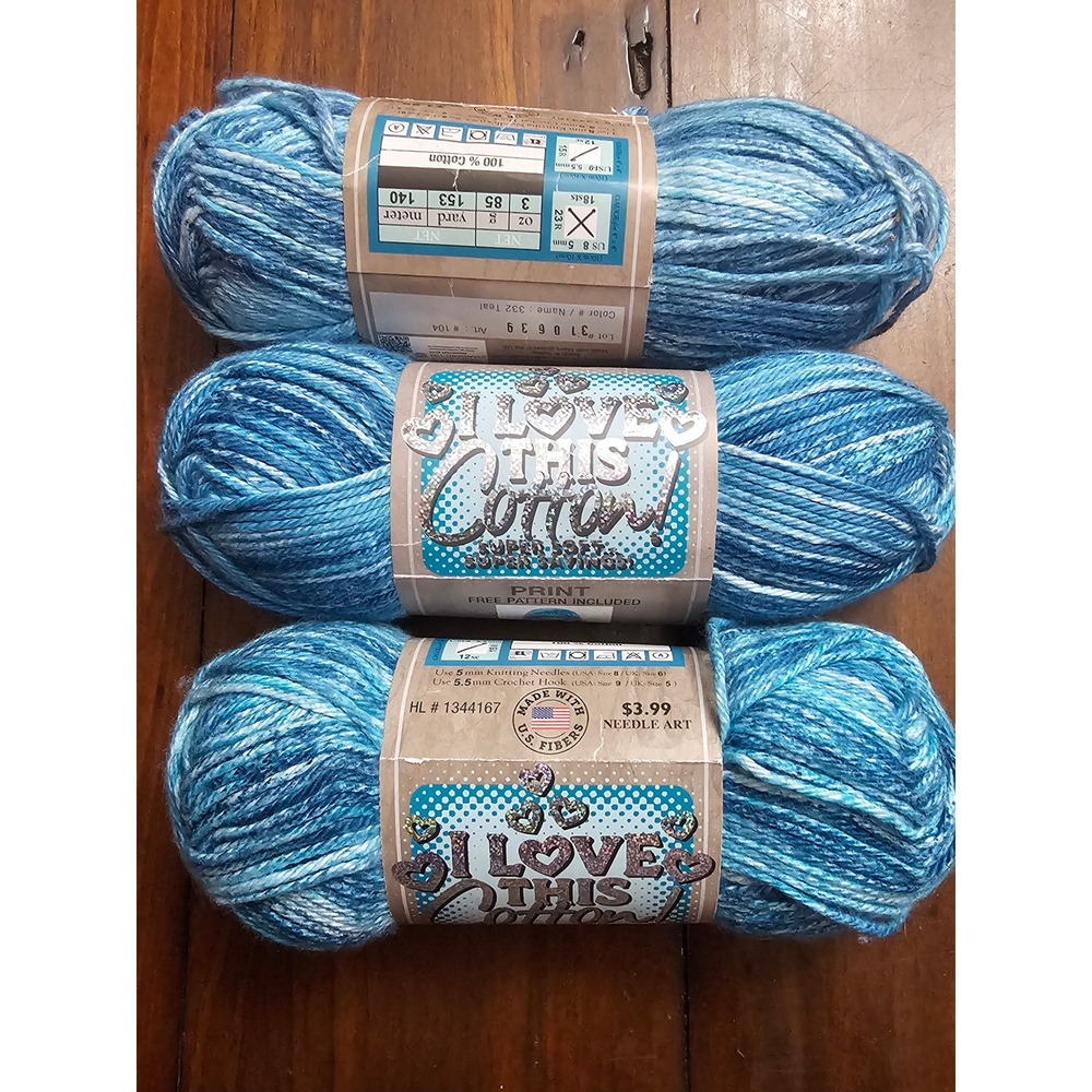 Hobby Lobby I Love This Cotton Yarn 3 Skeins 332 Teal Print Variegated Blue 9oz